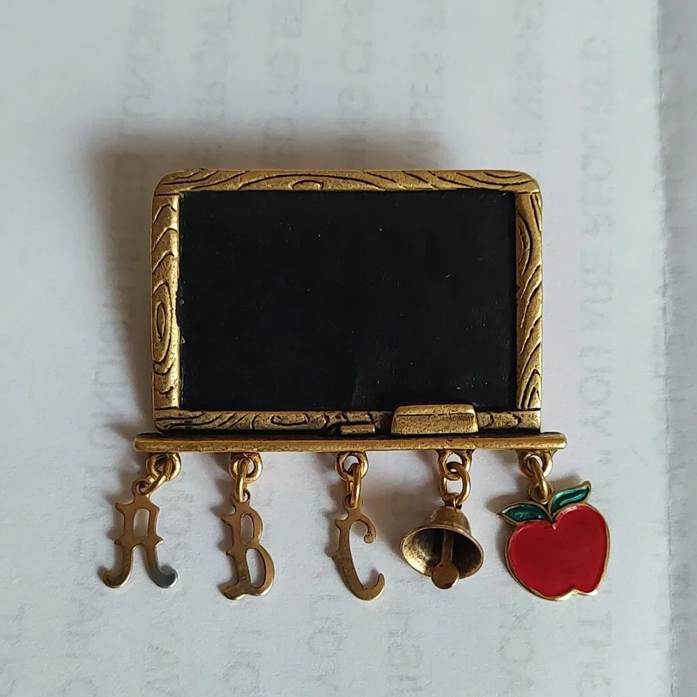 VTG Gold Tone Metal Enamel Teacher School ABC Apple Bell Chalk Eraser Brooch